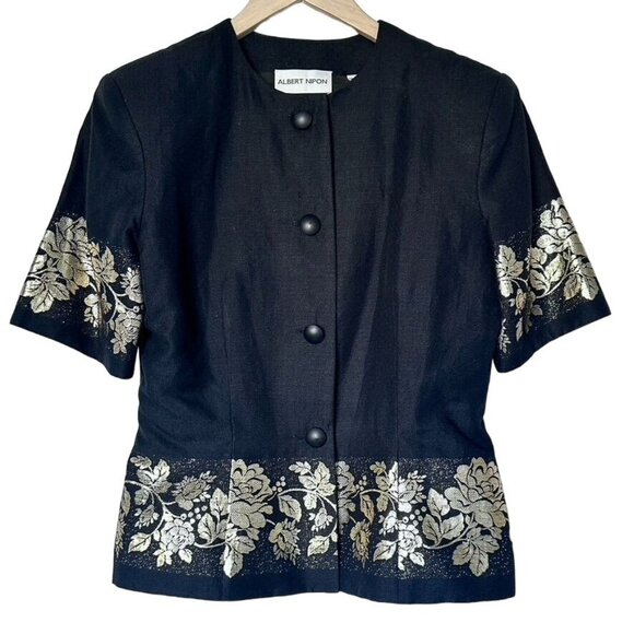 Vintage Albert Nipon Black & Gold Floral Embroidered Linen Skirt Suit Women's 8 - Picture 6 of 11
